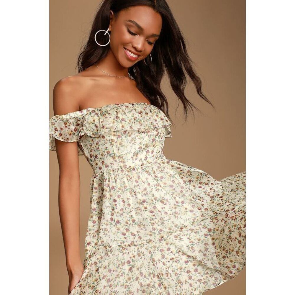 Lulus My Favorite Ivory Floral Print Off-the-shoulder Dress White - Size S